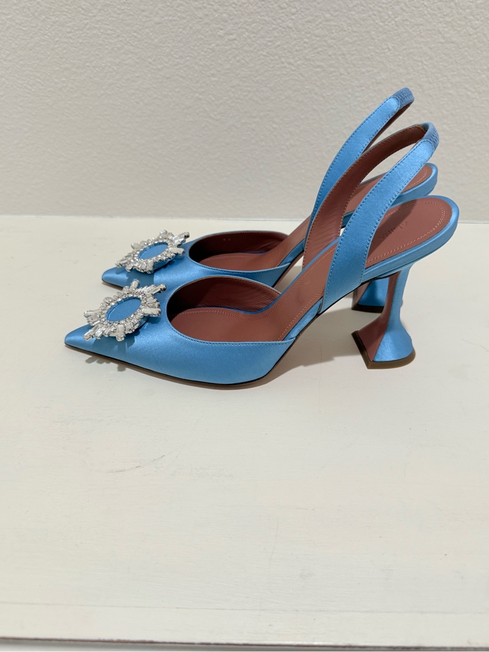 Amina Muaddi Sky Blue Slingback Pump with Crystal Brooch - Picture 5 of 10